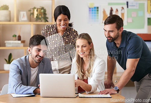 Image of Designer, collaboration and business meeting working on laptop for fashion design, consulting or digital marketing team. Presentation, teamwork and creative business people in graphic design company