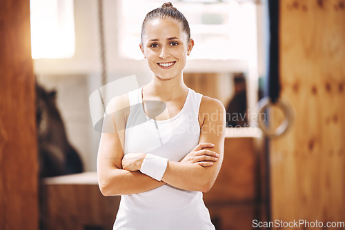 Image of Portrait of happy athlete, gym woman and personal trainer coach with motivation for sports training, fitness and wellness exercise. Ready, smile and proud healthy workout, strong body and lifestyle