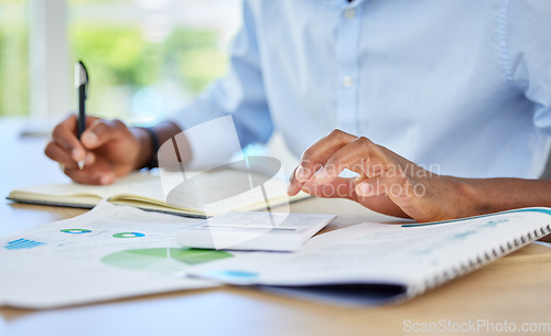 Image of Budget, finance and a man with a calculator, writing financial reports and planning payments. Accounting, banking and investment, startup businessman looking at paperwork and accounts before funding.