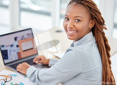 Image of Black woman manager on laptop planning and working with company business email, SEO chart and graph for success. Corporate management employee with online internet ui pc notebook analytics