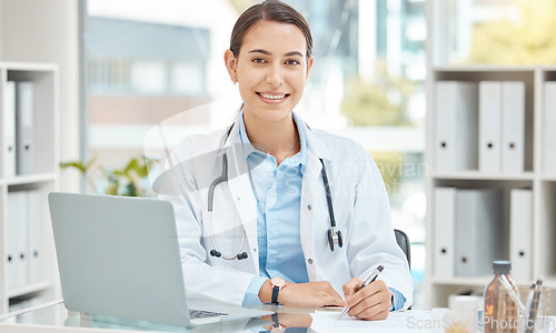 Image of Doctor insurance, writing hospital report and working on healthcare documents in office, smile for medical checklist and paperwork for medicine at clinic. Signature of .portrait of nurse on paper