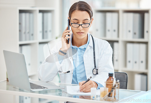 Image of Doctor planning insurance, phone communication about health and writing strategy for work schedule in office at hospital. Medical nurse in healthcare discussion on call and working at clinic