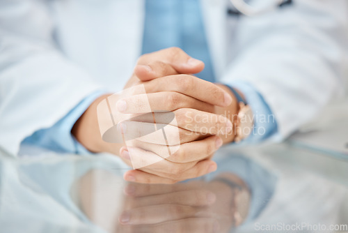 Image of Woman doctor, hands or support with consulting medical worker, hospital or medicine healthcare employee. Zoom on insurance trust, help person or wellness innovation table, desk or mental health room