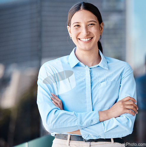 Image of Success, vision and proud manager leader looking happy and smile, leadership with innovation at corporate job. Portrait of cheerful entrepreneur winning career goal, enjoying mission accomplishment