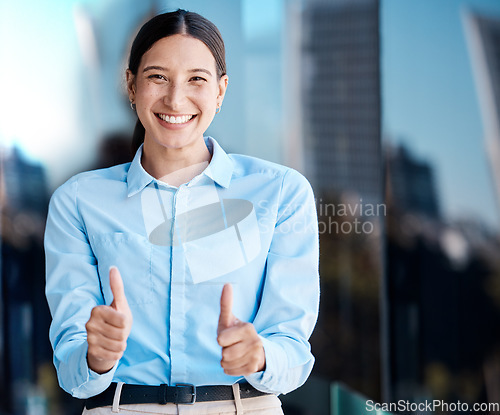 Image of Thumbs up, hands and success with a business woman saying thank you, yes and happy to be a winner. Motivation, goal and target with a young female making a gesture in agreement or satisfaction