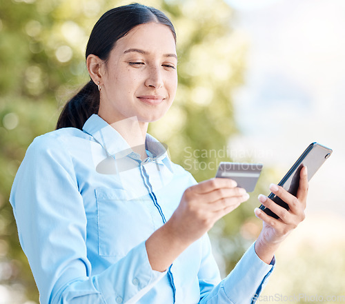 Image of Retail, ecommerce and credit card phone payment with 5g woman online shopping, financial payment banking in urban city. Corporate employee using a fintech and safe digital bank app or software