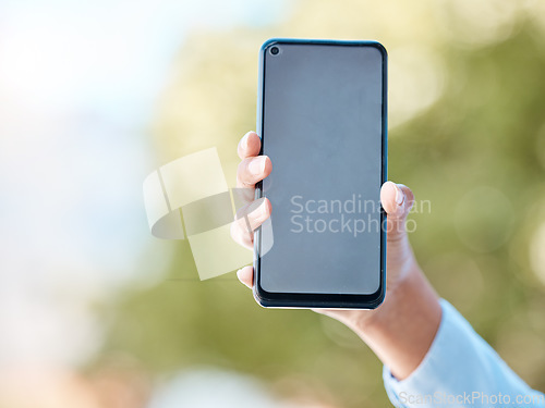 Image of Hands, smartphone and presentation of mock up for digital app notification online with 5g tech. Person showing email, update glitch or social media communication response on blank screen.