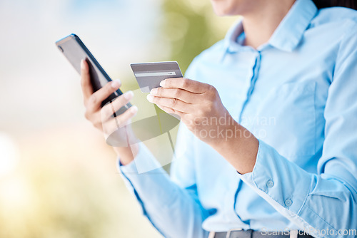 Image of Ecommerce, online shopping and credit card phone payment by woman in retail in an urban city. Online banking, finance and investing while paying for subscription and bills on an internet app