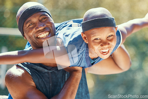 Image of Black family, child or father on a basketball court while having fun and playing plane on a sunny day. Smile portrait of happy and excited kid with man sharing a special bond and close relationship