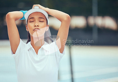 Image of Tennis, court and girl tired after game fail or loss for professional sports tournament practice. Athlete woman with fatigue, mental exhaustion and frustrated while on fitness exercise break.