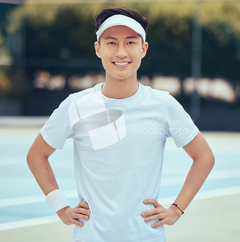 Image of Face portrait of tennis player training for competition on court, learning game of sports for fitness and sport exercise for health in summer. Asian and happy man and athlete ready for cardio workout