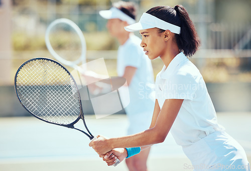 Image of Sports woman on court, tennis match together and fitness exercise. Training practice, teamwork motivation and strong young athlete. Game of mixed double, active focus and australia competition