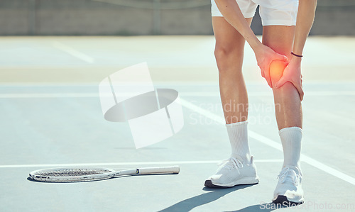 Image of Tennis athlete legs with knee pain, injury or inflammation from sports fitness training exercise accident at tennis court. Competitive man or person with medical emergency of joint and muscle bruise