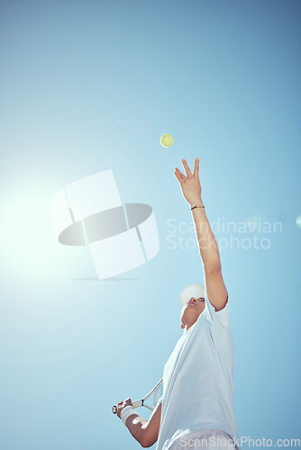 Image of Court, tennis ball and athlete man swing racket in air for sports tournament with copy space. Focus and action in professional match game with competitive, determined and active person.