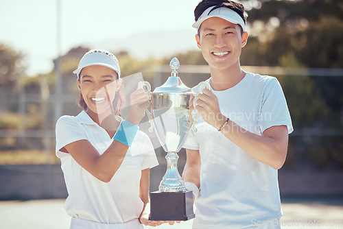 Image of Champion, professional portrait and trophy for tennis tournament winners with joyful and satisfied smile. Success, victory and achievement award for sports competition with athlete man and woman.