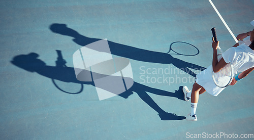 Image of Tennis, sports and people on court in sunshine with silhouette or shadow and mockup. Active fitness woman, man or professional sport player with racket from above or top in summer with ground mock up