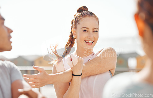 Image of Fitness, workout and exercise with a sports woman stretching before training with her friends outside. Sport, wellness and health with a young female runner or athlete getting ready to start a run