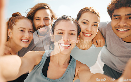 Image of Exercise friends, selfie and social fitness and wellness event outside with health lifestyle team. Summer workout, young adults and outdoor sports club photo with active people together.