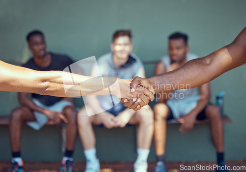 Image of Handshake, competition and men shaking hands to welcome, congratulations or say good luck before a sports game or match start. Respect, etiquette and closeup hands of players greeting or thank you