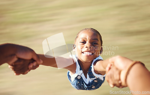 Image of Pov, mother spinning girl and holding hands at park, in nature or outdoors. Childhood, parenting and fun with point of view of African parent support, love and playing with daughter, child or kid.