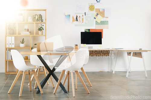 Image of Office interior design, workspace building and desk table with wood chairs. Industrial professional room, concrete floor and white wall paint. Idea style storyboard, modern computer and empty decor
