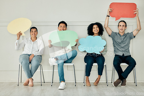 Image of Diversity business people with speech bubble sign, banner or poster waiting for interview. Social media, chat or voice team of candidates together in line for job vacancy in the office with opinion