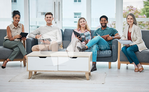 Image of Portrait, relax and happy business people waiting on break reading books or magazines. Resting, relaxing and team of workers in recruitment room or lobby together at company, office or workplace.