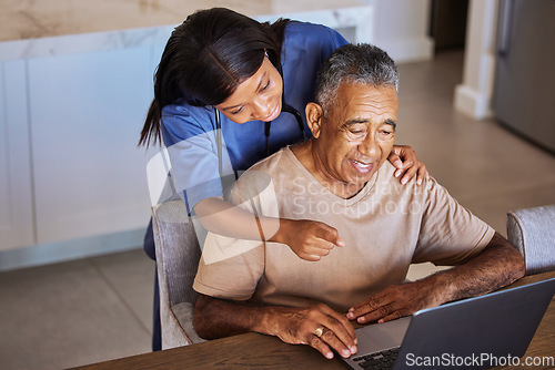 Image of Senior patient, laptop and caregiver or home nurse helping man with social media, communication and online review for nursing service. Support, care and healthcare with female medical aid or hospice