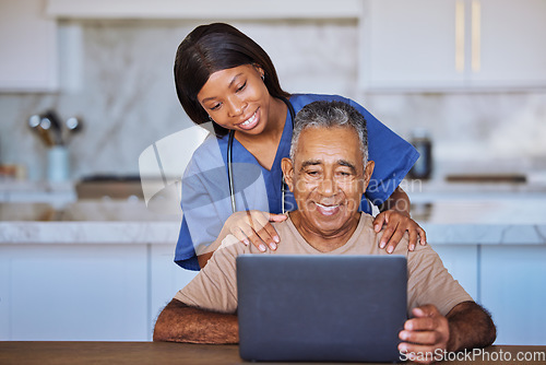 Image of Senior man, laptop and black caregiver or home nurse helping patient with social media, communication and internet browsing at home. Support, healthcare and medical aid or hospice with pensioner