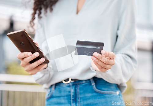 Image of Fintech woman online shopping with phone, tech and credit card finance payment via banking app, web or internet. Ecommerce, bank and 5g network hands with digital, website and online purchase.