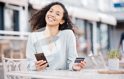 Image of Online shopping, phone and woman doing digital credit card payment via internet at a restaurant. Happy, smile and person making a money transfer or cash send via online banking app or fintech website