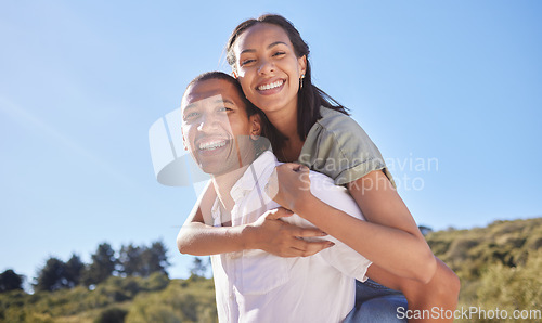 Image of Love, happy couple and travel adventure with young lovers out hiking, exploring and traveling through nature in summer. Portrait smile of latino man and woman enjoying piggyback while out for a walk