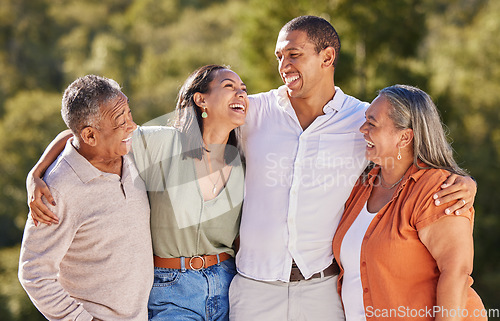 Image of Family, elderly parents and together in nature to bond in outdoor landscape with happy people. Care, love and support in positive relationship with relatives enjoying time with each other.