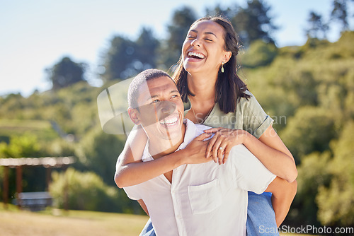 Image of Wellness, love and couple in park with green trees for summer holiday vacation or healthy lifestyle and bokeh sunshine. Happy marriage, piggyback and carefree black people hiking outdoor in nature