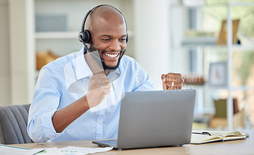 Image of Success, winner or black call center man with laptop in customer service, contact us or CRM consulting achievement. Customer deal, ecommerce sales or happy communication worker celebration in WOW