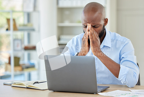 Image of Stress, burnout and depression businessman with laptop in office with depression, anxiety and 404 computer glitch. Headache, mental health and frustrated employee with audit, tax and work overload.