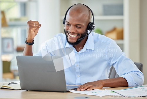 Image of Winner, success or call center black man with laptop in contact us office cheering customer deal or crm consulting. Customer service, ecommerce sales or happy communication worker in wow celebration