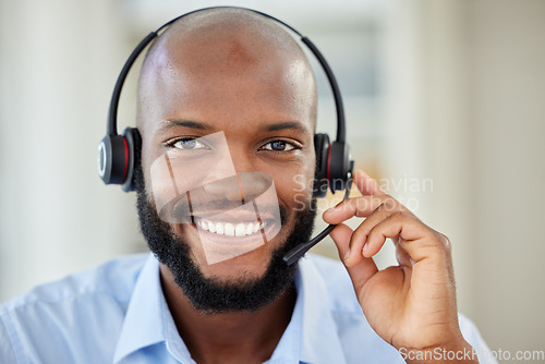Image of Sales black man portrait, call center agent and customer service support worker for advice, consulting and expert communication. African, young and internet telemarketing face for contact us helping