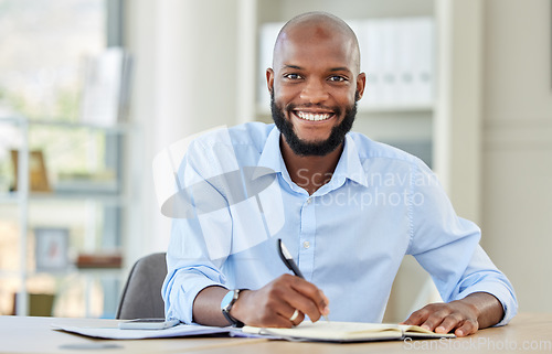 Image of Notebook planning, writing and businessman working on financial strategy in work office, happy with corporate ccompany and reminder in book. Portrait of happy African accountant at accounting startup