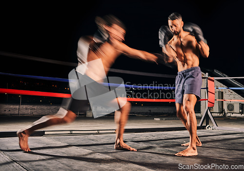 Image of Boxing ring, boxer match and sports men energy in dark arena competition or extreme tournament battle with gloves movement. Fast player in fitness boxing or wrestling workout training in wellness gym