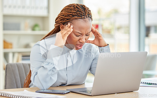 Image of Stress, headache and black woman with laptop in office with confused, burnout or anxiety face after mistake on project. Creative startup business worker frustrated with technology 404 glitch on email