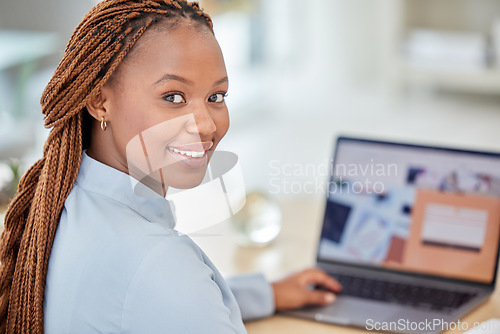 Image of Black woman, designer and manager on laptop planning and working with business email, SEO research and contact us website. Portrait of african employee working online on website or logo design