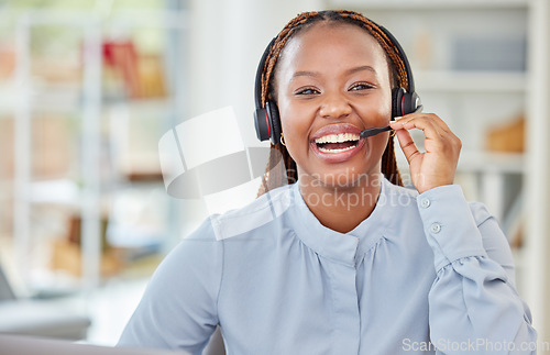 Image of Success call center and customer service black woman consulting, communication and talking to contact us person. Happy CRM telemarketing support agent, friendly girl or receptionist in company office