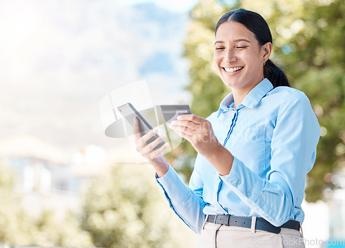 Image of Phone, woman and online shopping with credit card on ecommerce website for fast and easy digital payment. Happy, smile and young girl spending money, ewallet or cash as customer via internet banking