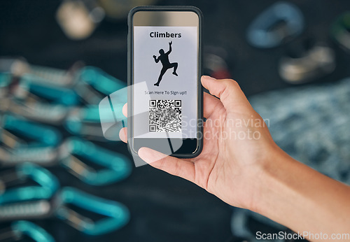 Image of Man, hands and phone qr code for rock climbing, mountain sports and energy fitness for workout, training and exercise. Zoom on marketing coding, health wellness app and climber barcode for membership