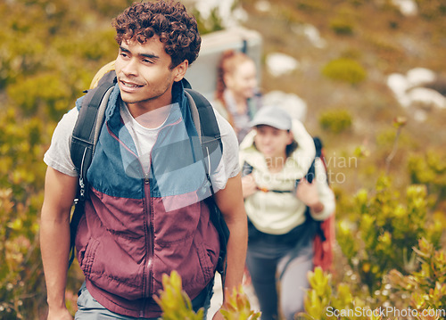 Image of Hiking, friends and adventure with a group of young people wearing backpacks during travel, adventure and nature journey. Active, fitness and exercise with a happy man trekking to explore with mates