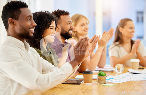 Image of Clapping, success and global business workshop, teamwork collaboration or meeting training for happy creative people. Smile or excited diversity workers in office motivation and strategy presentation