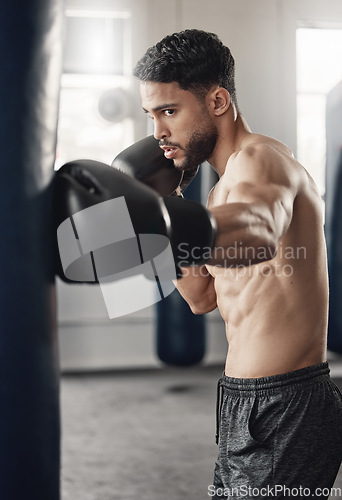 Image of Punching bag, boxing and boxer man in workout training or exercise in a gym. Strong, powerful and serious athlete or personal trainer with fitness gear for muscle strength, wellness or health goals