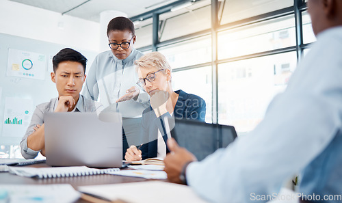 Image of Thinking, focus and planning teamwork on laptop, solution and business meeting in startup agency. Diversity employees, group strategy collaboration and online internet proposal ideas in modern office