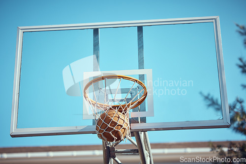 Image of Basketball court net, point score and sports playing game, competition and action match outdoor. Background hoop winning, goal target aim and shooting hoops skills training, hobby and fun performance